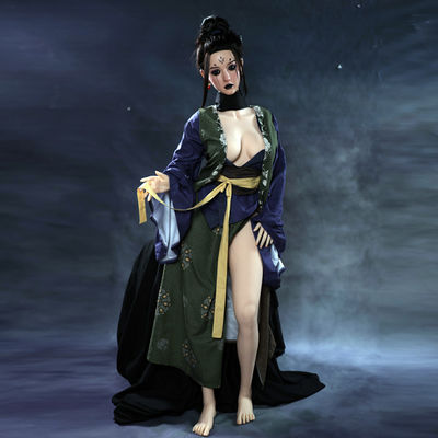 EU-Stock TPE Realistica Bambola sessuale da 158 cm Giappone Stile Indigo Boro Kimono Grandi tette Gambe snelle